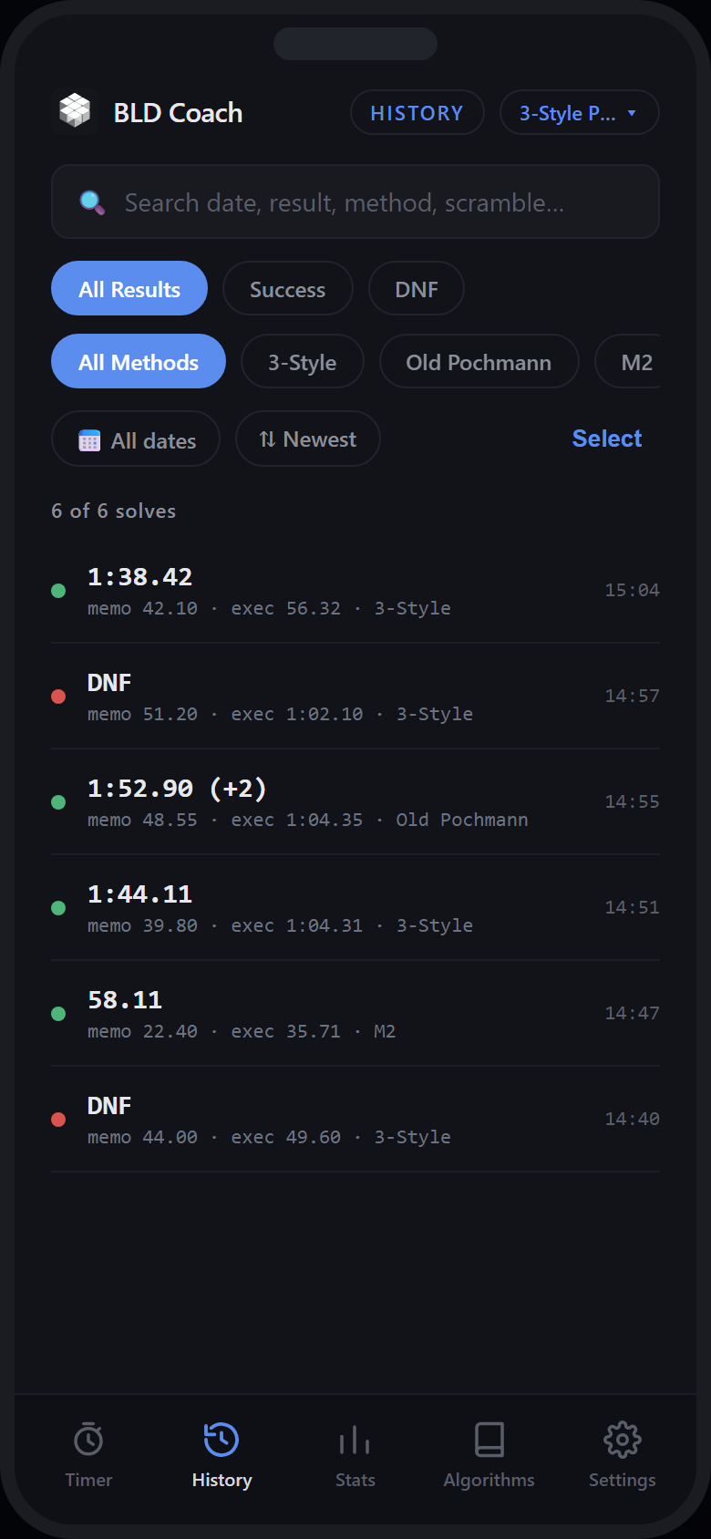 BLD Coach history screen listing past solves with memo, execution and total times, filtered by result and method