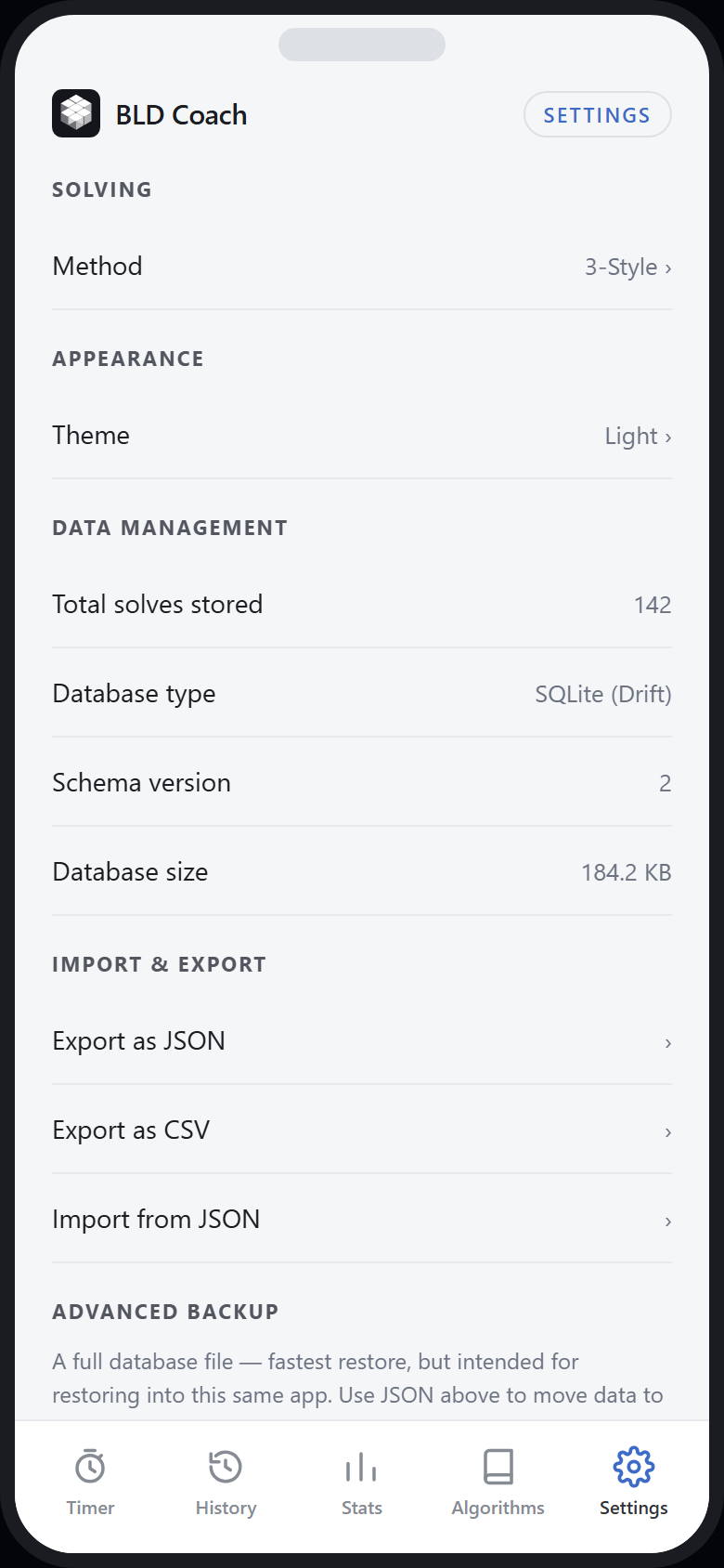 BLD Coach settings screen showing method and theme preferences, local database details, and JSON, CSV and database backup options